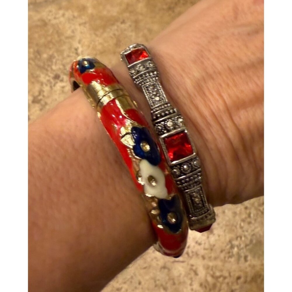Vintage Floral Enamel & Rhinestone Bracelets Set